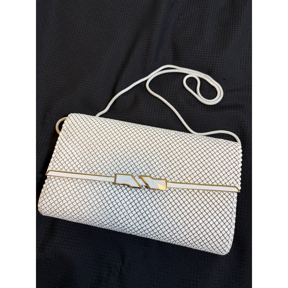 Vtg 80's‎ White Enamel Metal Mesh Evening Bag~10"x6" Clutch White Chain Pockets